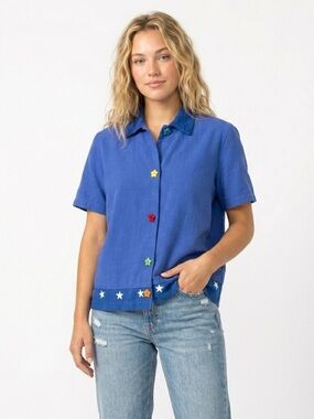 Vintage 90s CoConut Bay Americana Star Hem Boxy Cotton Linen Shirt Small
